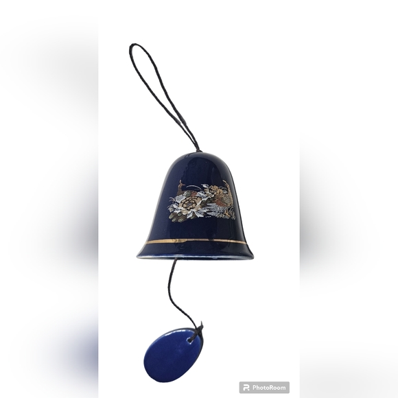 Cobalt Blue Oriental Peacock Design Ceramic 4" Tall Bell Wind Chime - Picture 7 of 11